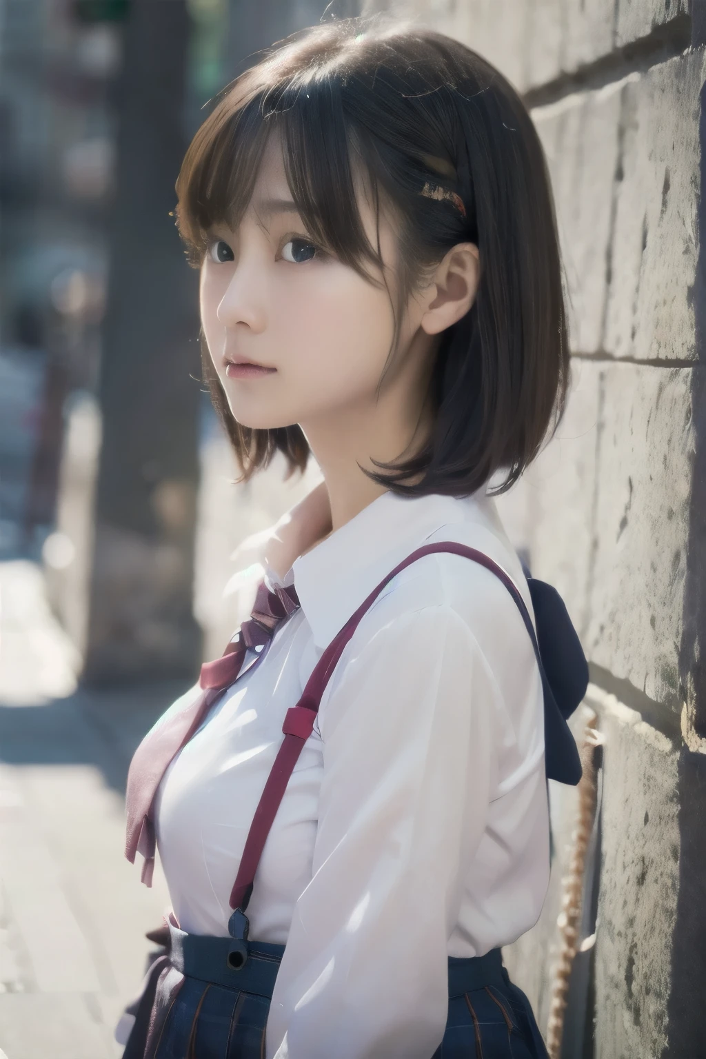  short hair、  short bob、Patsun、Loose Hair Color、  small breasts、  1 girl 、School Uniform、 masterpiece 、  Japanese girl 、  absurd、  high resolution on down 、woman、 Super detailed、​masterpiece、  extremely detailed CG、3D Photography、3D Background、8k、top-quality、Shadowy、  Clear Focus  、  white skin、  board with a drone、 Blurred Background、dynamic ungle、  closed mouth、 profile、  upper body、[Ultra Clear、Curvaceous、  red cheeks 、Looking up、front、Photographed from diagonally above