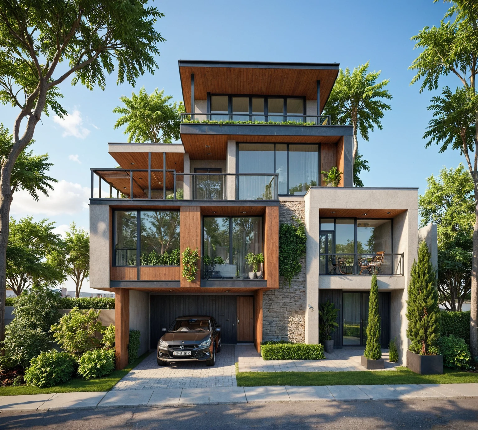 The image depicts a modern, multi-story townhouse in an urban setting, characterized by its sleek design, verticality, and natural elements like wood and greenery. The building is tall and narrow, maximizing vertical space, with a dark gray facade and a mix of solid and slatted sections. The building features integrated plants and balconies, creating a vertical garden effect. The ground floor features a dark gray gate, a metal pergola, and a diamond logo. The windows and balconies are large, dark frames, and feature glass railings. The building is situated in an urban environment with palm trees and a street, sun clouds, Best Quality,Masterpiece, UHD, 4k, Stunning,Eye-catching,Sharp edge render, Award winner design in 2024, Photorealistic, High-Resolution, Detailed, Accurate, Vibrant, Dynamic Lighting, Textured, Perspective, Atmospheric, Contextual, Balanced Composition, Material Realism, Interactive, Immersive, Narrative, Minimalist, Metal, Wood, Textured, Polished Surfaces, Neutral Tones, Accent Colors, Open Space, Integrated Lighting, Sleek Finishes,