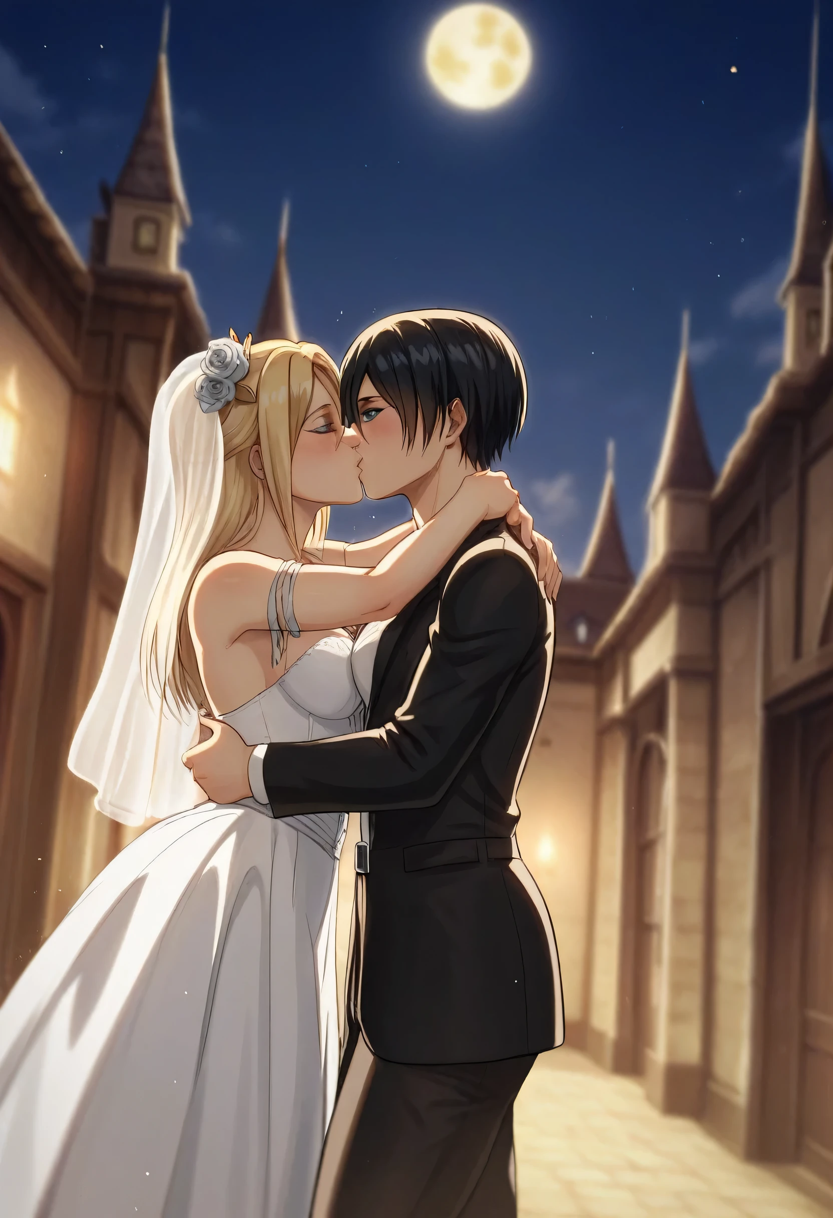 score_9, score_8_up, score_7_up, BREAK source_anime, historia reiss, blue eyes, blonde hair, long hair, medium breasts,Historia  beautiful wedding dress white,female black hair soldier with historia,Mikasa with historia are married ,mikasa wreanig black tuxedo,Mikasa female with short hair,mikasa female medium breasts,in night,moon in sky,mikasa final season,mikasa,Mikasa carries Historia hands،mikasa femboy,mikasa final season,historia blonde hair,mikasa carrying historia,Mikasa and historia in party in middle night,,mikasa final season,girls love,girl×girl,lesbians,yuri,romantic wallpapers,historia and mikasa laughs,both wreanig rings marriage,mikasa pixie cut hairstyle,historia royale wedding dress 👰,preview close character's,mikasa muscle almost appear on her black tuxedo,kissing each other,attack on titan graphics style,historia wearing beautiful royale Earrings, mikasa with tuxedo looks lustfully and manly,luxurious sea ship behind them,mikasa with female body wearing black tuxedo,people around mikasa and historia 