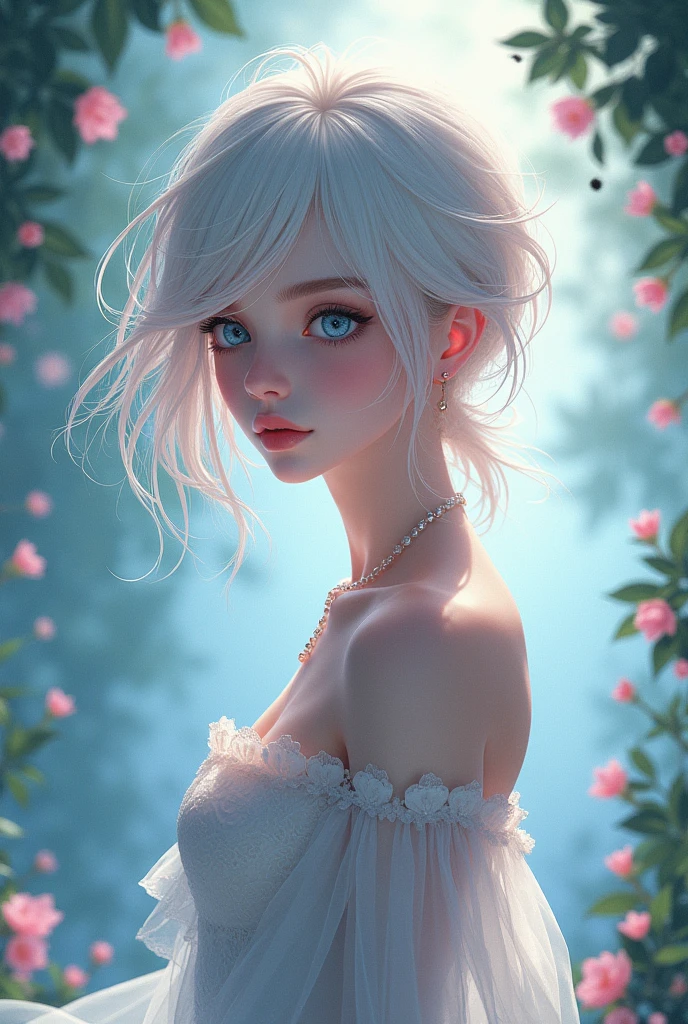 Cute woman in the fog, (elegant, Beautiful Face), Transparent white dress, masterpiece、Forest Moss, Flower Field、Curly Red Hair, Magical atmosphere, (short hair), ((Detailed skin, Skin Texture))、Ultra-detailed, (Exquisitely crafted, Fine details, Ultra-detailed), Ray Tracing, Scattered beneath the surface, (Fantasy underworld in the background)、Diffused and soft lighting, Shallow depth of field, Sharp focus blur, (Realistic photo quality:1.4)
