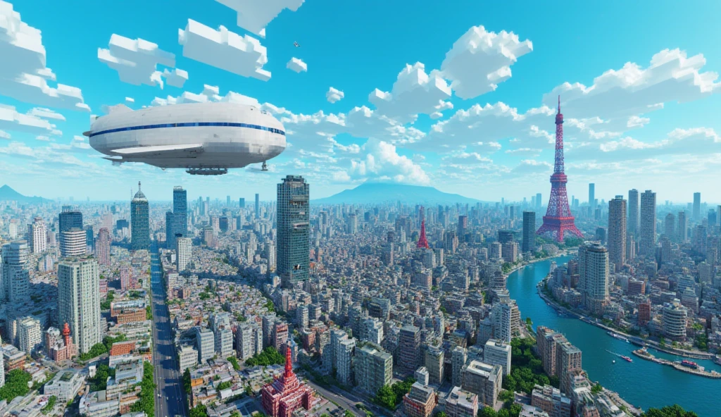 Minecraft style, 3D voxel blocks Art. Panoramic view of central Tokyo, Impressive Jumbo jet, Tokyo Station, Tokyo Tower, Asakusa, Cars on the road, Mt. Fuji, White airship in the distance, blue sky, Drone photography