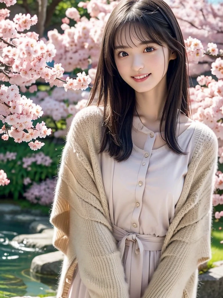 High image quality , 8k, Best Quality,  Details, Semi-realistic animations , 3d anime style sex  ,  Smooth Animated CG  ,  one girl playing pranks ,  A 20-year-old Japanese woman  , slim, modeling, Shiny black hair,  Detailsな顔, Beautiful and  Details,  growing skin  ,  Hard Focus  、  film grain ,  soft lighting ,  I'm looking at this、smile, ( woman wearing floral dress and cardigan),A spring park with cherry blossom petals falling、Enjoy a picnic by the pond