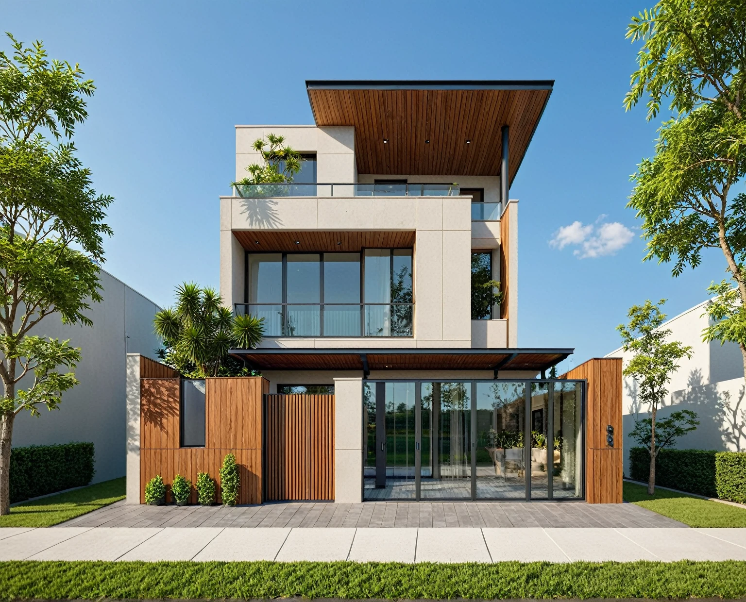 The image depicts a modern, multi-story townhouse in an urban setting, characterized by its sleek design, verticality, and natural elements like wood and greenery. The building is tall and narrow, maximizing vertical space, with a dark gray facade and a mix of solid and slatted sections. The building features integrated plants and balconies, creating a vertical garden effect. The ground floor features a dark gray gate, a metal pergola, and a diamond logo. The windows and balconies are large, dark frames, and feature glass railings. The building is situated in an urban environment with palm trees and a street, sun clouds, Best Quality,Masterpiece, UHD, 4k, Stunning,Eye-catching,Sharp edge render, Award winner design in 2024, Photorealistic, High-Resolution, Detailed, Accurate, Vibrant, Dynamic Lighting, Textured, Perspective, Atmospheric, Contextual, Balanced Composition, Material Realism, Interactive, Immersive, Narrative, Minimalist, Metal, Wood, Textured, Polished Surfaces, Neutral Tones, Accent Colors, Open Space, Integrated Lighting, Sleek Finishes,