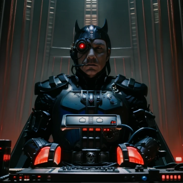 cptpower, biodread, lord dread, black armour, helmet, red cyborg eye, sitting on throne, evil, computers, screens, new order logo, realistic photo, foggy, smoky, war