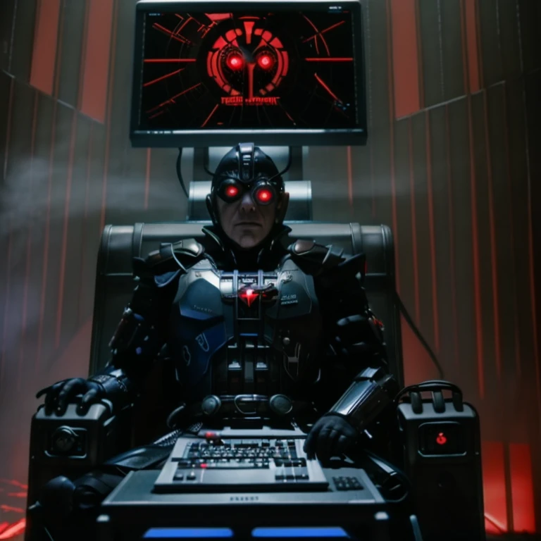 cptpower, biodread, lord dread, black armour, helmet, red cyborg eye, sitting on throne, evil, computers, screens, new order logo, realistic photo,  foggy, smoky, war  