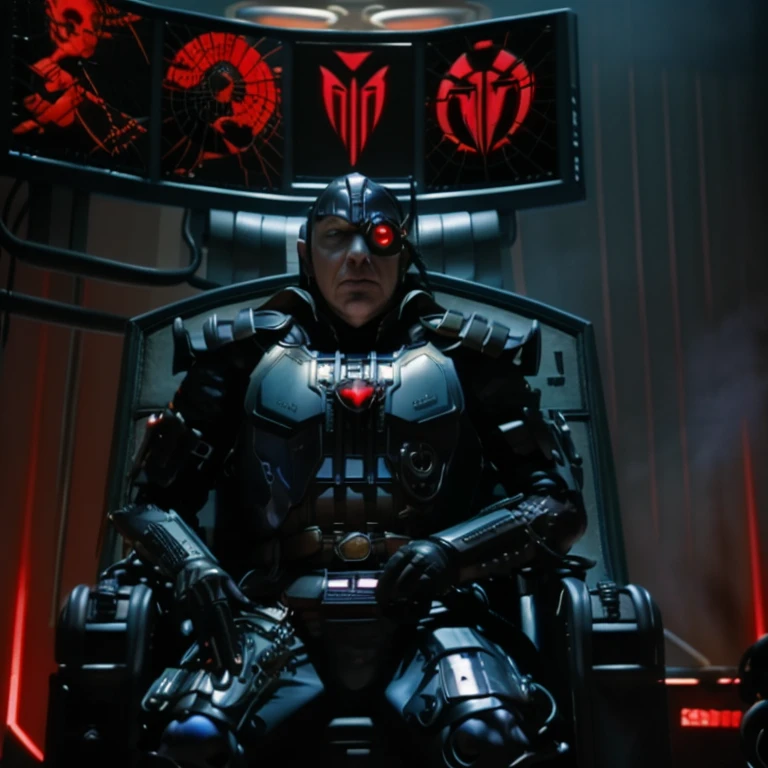 cptpower, biodread, lord dread, black armour, helmet, red cyborg eye, sitting on throne, evil, computers, screens, new order logo, realistic photo, foggy, smoky, war