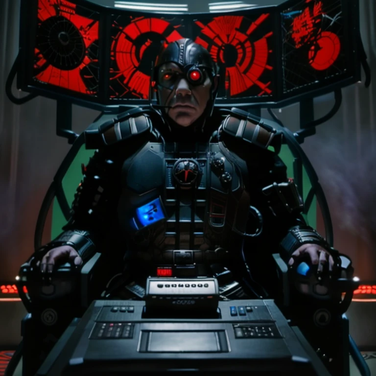 cptpower, biodread, lord dread, black armour, helmet, red cyborg eye, sitting on throne, evil, computers, screens, new order logo, realistic photo,  foggy, smoky, war  