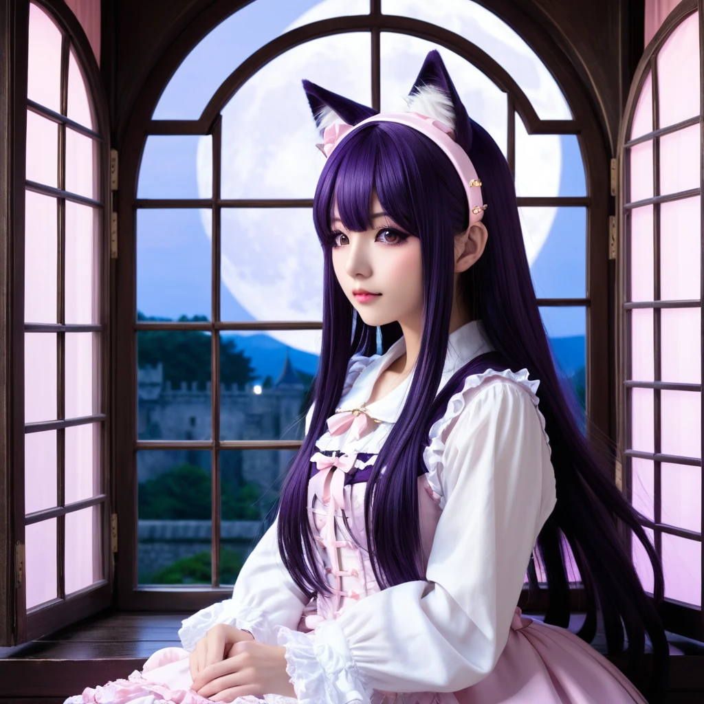 Girl with Cat ear headband, Neko Mimi Mode, straight dark purple long hair, Horizontal fringe hair, detailed white lolita outfit, cat ears with light pink inside, Hazuki from Tsukuyomi - MOON PHASE -. leaning against a European-style old castle window, Looking out from inside the room, moonlit