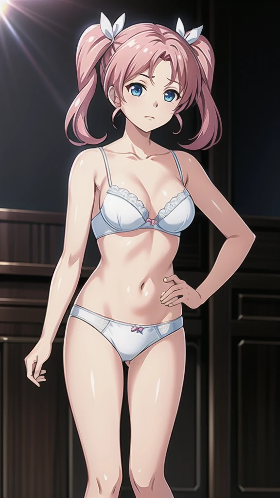  pink hair、 Twin Tails、悲しいface、 blue eyes 、 Full Body Style 、Normal milk、 narrow waist 、Bare legs、In underwear、、 upper body bra、 white bra、lower body panties ，White ribbon panties，White pumps、 official art, Extremely High Definition CG Unity 8k Wallpaper, full light, colorful, bright _ Front_face_Lighting,  shiny skin, ( masterpiece:1.0),(Highest_quality:1.0), 超 high resolution on down,4K, Ultra Detailed Photoshoot , 8k,  high resolution on down,  high resolution on down,  absurd:1.2,  Kodak Portra 400,  film grain,  blurry background, Bokeh:1.2,  lens flare , (Vibrant_ color:1.2), Professional photography, Anime Images、