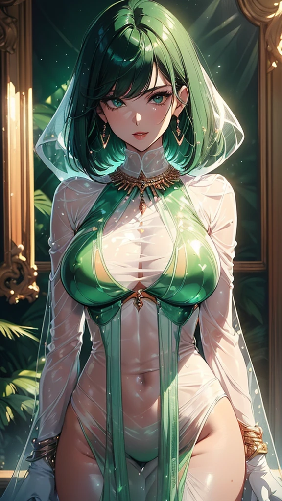 (((Top-level masterpiece, ultra-high definition, ultra-high quality, 8K quality))), ((Realistic anime style)), (((One woman))), (((Perfect woman with the best anatomical and ergonomic face and body))), (((Proportionate face and body))), (((Short hair))), (((Shiny green hair))), (((Long bangs))), Slim face, ((Thin bright blue eyes)), Deep shiny and sparkling eyes, Eyes with highlights, Very long eyelashes, Thin red lips, Tall and slim body, Very large and heavy chest, Tight waist, Big hips, White skin, Moist shiny skin, (((Super sexy outfit made of iridescent see-through fabric))), Big pearl necklace, Big earrings, Long bangs, Beautiful smile, Mysterious atmosphere, Beautiful standing posture like a fashion model, ((Upper body))