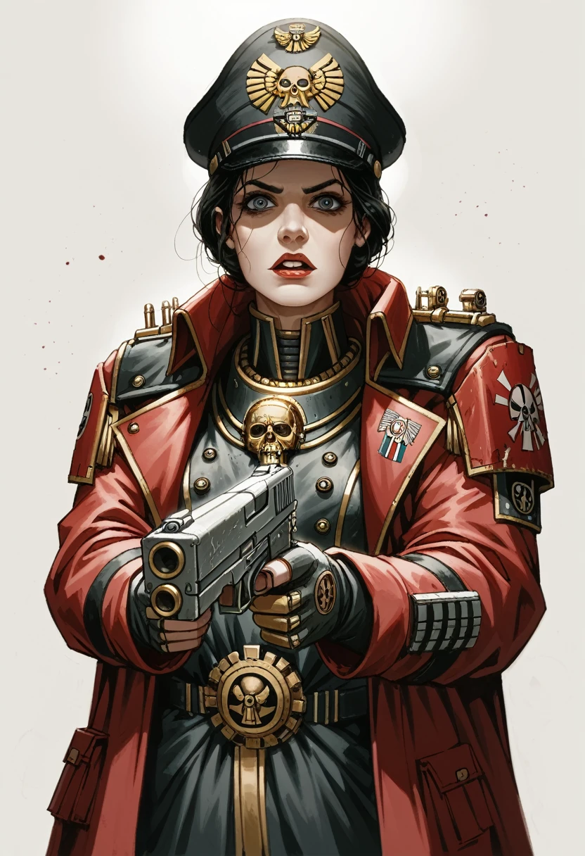 (aiming at the viewer), simple background, dark theme, weak lighting, (warhammer 40k theme:1.1), 1 woman, solo, steampunk style, with black hair, a square haircut, an iron prosthesis of the lower jaw, a crazy look, a crazy duck, she is stained with blood, an officer of warhammer 40,000, dressed in a red overcoat with gold stripes and a black cap, holding a space weapon pistol, science fiction , (aiming at the viewer), simple background, dark theme, weak lighting, , warhammer 40,000 , mass effect , science fiction , space opera ,
