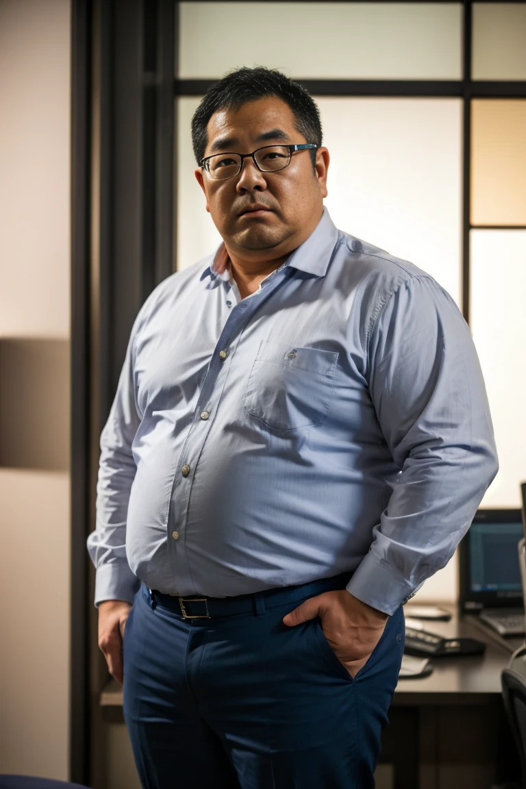 A slightly overweight 30-year-old Japanese man.,  A Japanese man wearing a white business shirt is standing,  gray pants , Medium length hair, Natural Hair, He is looking at the audience, Round face:2,  THICK THIGS , Mouth details, At the office at night,  Coffee Break , Super detailed,  anatomically correct,   This photo was taken with a medium telephoto lens  , Dark warehouse at night, Green,  she wears a silver ring on the ring finger of her left hand., He has his mouth slightly open,  orgasm facial, Erotic Humiliation, Glasses, 