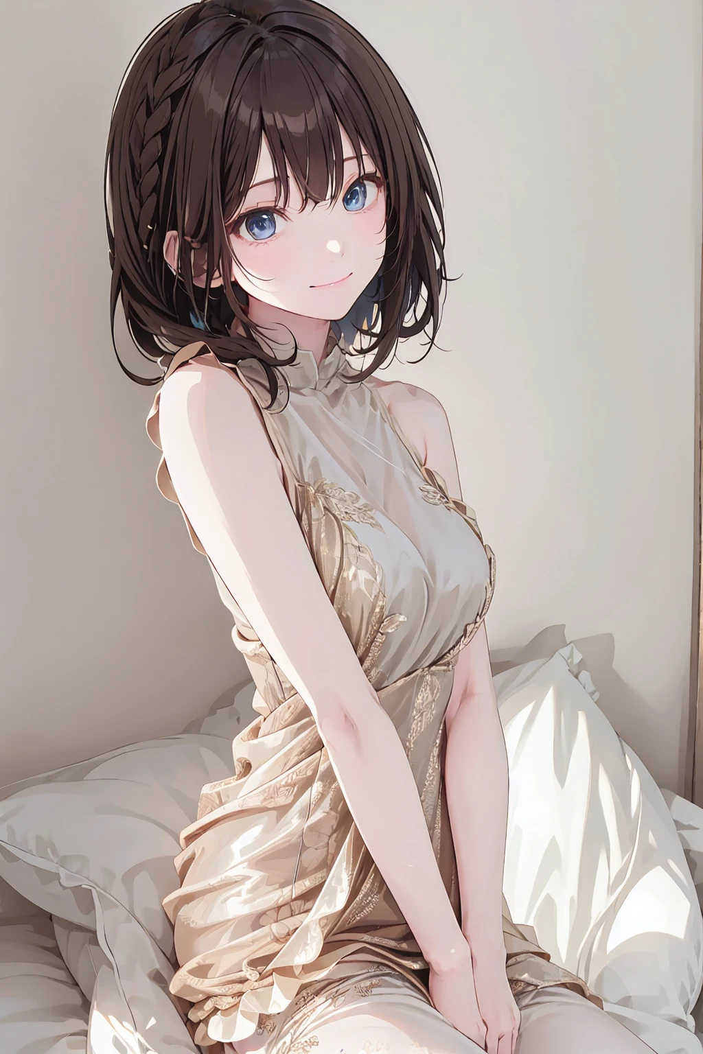 （Adorable girl:1.3）、  happy face,winterの雰囲気、winter、Sleeping in bed、Before bed、Shining Night Sky，Brown Hair， shortcuts， Unkempt Hair ，Short braided hair，Neat，Slender beauty，Correct posture，Small chest，Beautiful legs， enchanting gray-blue eyes shine like stars，Droopy eyes， bright colors, beautiful eyes,A delicate smile,Textured Skin, best quality , gentle and beautiful woman , anime style､