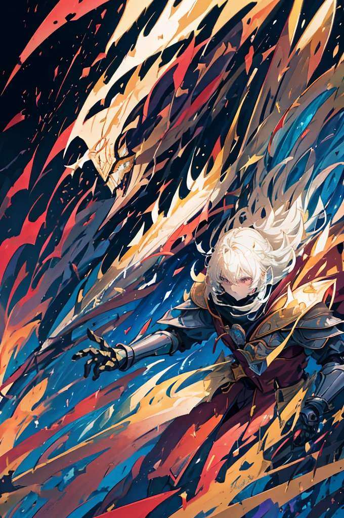 stained glass background with spotlights,　kishi-v2,Alone ,1 robot 、 skillfully expresses the effects of light and shadow,  raising a sword to the sky ,　arms(With a long sword),　Dynamic movement、Battle scene with flames,Flames soar,Intense Combat