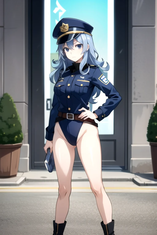 tall body, tall, long legs, mature female, mature, adult, EFT_Juvia, 1girl, solo, blue hair, long hair, hair between eyes, closed mouth, expressionless, looking at viewer, blue eyes, BCop, belt, policewoman, leotard, police hat, peaked cap