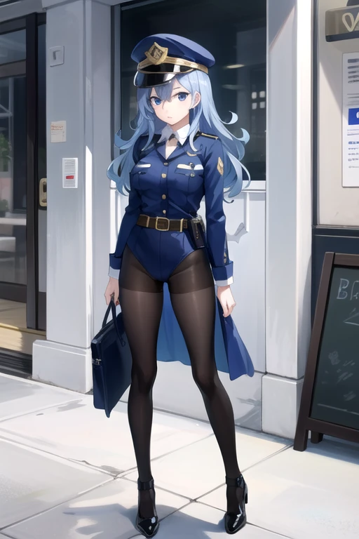 tall body, tall, long legs, mature female, mature, adult, EFT_Juvia, 1girl, solo, blue hair, long hair, hair between eyes, closed mouth, expressionless, looking at viewer, blue eyes, BCop, belt, policewoman, leotard, police hat, peaked cap