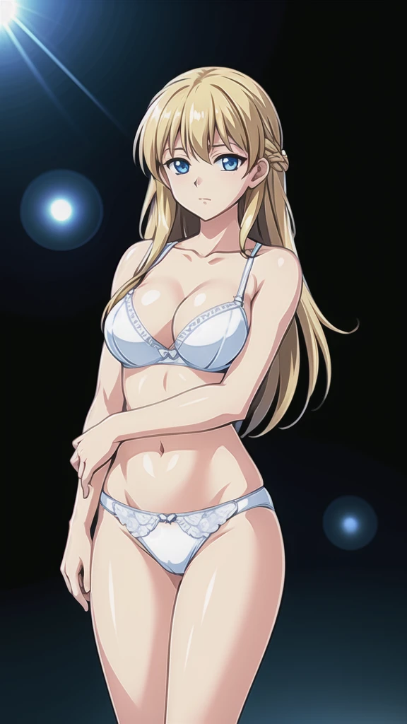 Blonde、Long Hair、悲しいface、 blue eyes 、 Full Body Style 、Normal milk、 narrow waist 、Bare legs、In underwear、、 upper body bra、 white bra、lower body panties ，White ribbon panties，White pumps、 official art, Extremely High Definition CG Unity 8k Wallpaper, full light, colorful, bright _ Front_face_Lighting,  shiny skin, ( masterpiece:1.0),(Highest_quality:1.0), 超 high resolution on down,4K, Ultra Detailed Photoshoot , 8k,  high resolution on down,  high resolution on down,  absurd:1.2,  Kodak Portra 400,  film grain,  blurry background, Bokeh:1.2,  lens flare , (Vibrant_ color:1.2), Professional photography, Anime Images、