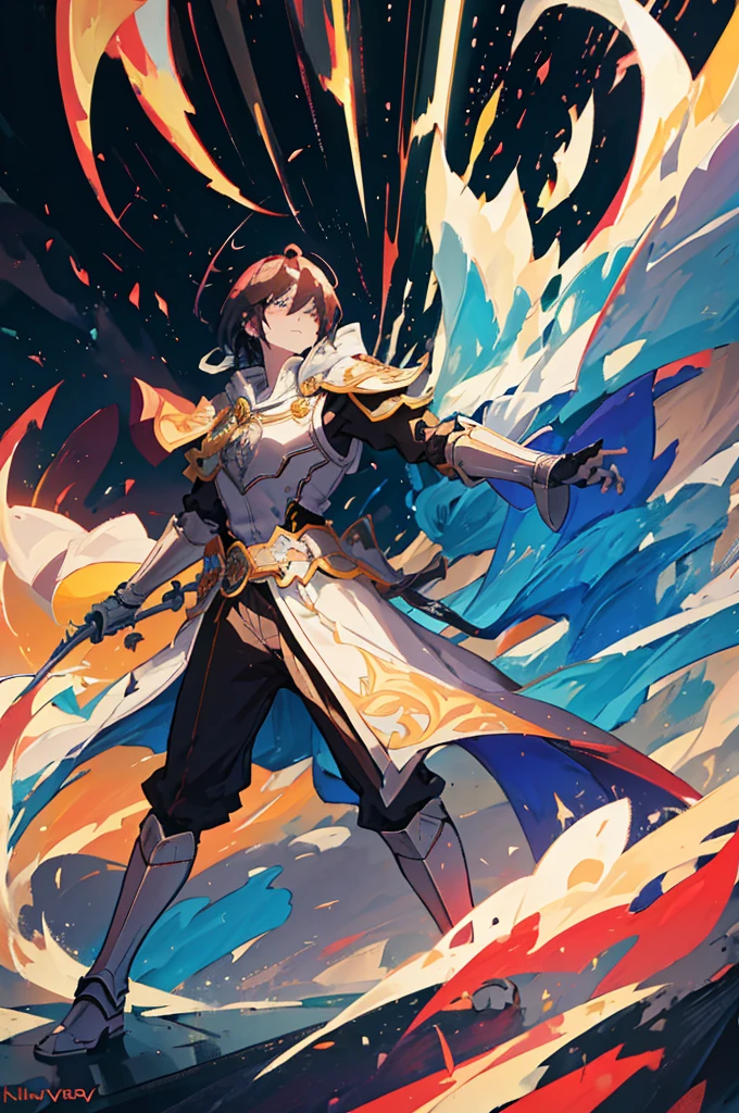 stained glass background,　kishi-v2,Alone ,1 robot 、 skillfully expresses the effects of light and shadow,  raising a sword to the sky ,　arms(With a long sword),　Dynamic movement、Battle scene with flames,Flames soar,Intense Combat