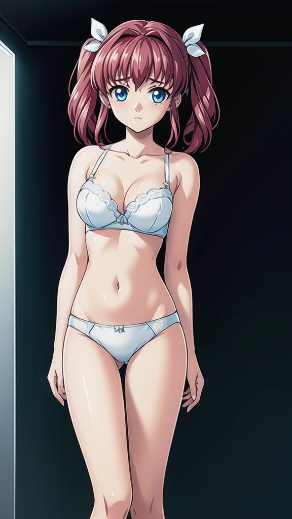 Pink Hair、 Twin Tails、悲しいface、 blue eyes 、 Full Body Style 、Normal milk、 narrow waist 、Bare legs、In underwear、、 upper body bra、 white bra、lower body panties ，White ribbon panties，White pumps、 official art, Extremely High Definition CG Unity 8k Wallpaper, full light, colorful, bright _ Front_face_Lighting,  shiny skin, ( masterpiece:1.0),(Highest_quality:1.0), 超 high resolution on down,4K, Ultra Detailed Photoshoot , 8k,  high resolution on down,  high resolution on down,  absurd:1.2,  Kodak Portra 400,  film grain,  blurry background, Bokeh:1.2,  lens flare , (Vibrant_ color:1.2), Professional photography, Anime Images、