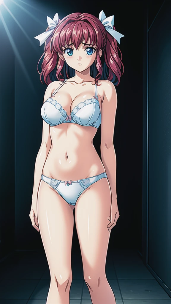 Pink Hair、 Twin Tails、悲しいface、 blue eyes 、 Full Body Style 、Normal milk、 narrow waist 、Bare legs、In underwear、、 upper body bra、 white bra、lower body panties ，White ribbon panties，White pumps、 official art, Extremely High Definition CG Unity 8k Wallpaper, full light, colorful, bright _ Front_face_Lighting,  shiny skin, ( masterpiece:1.0),(Highest_quality:1.0), 超 high resolution on down,4K, Ultra Detailed Photoshoot , 8k,  high resolution on down,  high resolution on down,  absurd:1.2,  Kodak Portra 400,  film grain,  blurry background, Bokeh:1.2,  lens flare , (Vibrant_ color:1.2), Professional photography, Anime Images、