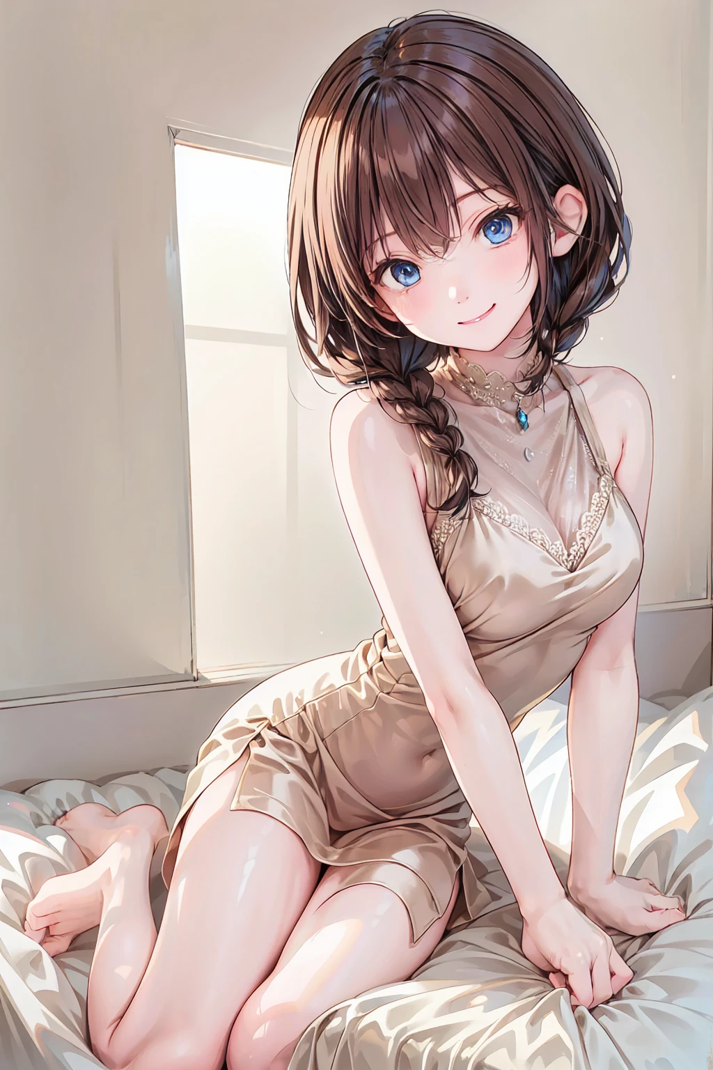 （Adorable girl:1.3）、  happy face,winterの雰囲気、winter、Sleeping in bed、Before bed、Shining Night Sky，Brown Hair， shortcuts， Unkempt Hair ，Short braided hair，Neat，Slender beauty，Correct posture，Small chest，Beautiful legs， enchanting gray-blue eyes shine like stars，Droopy eyes， bright colors, beautiful eyes,A delicate smile,Textured Skin, best quality , gentle and beautiful woman , anime style､