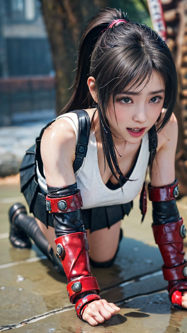 (8k、top-quality、​masterpiece:1.2)、(Realistic、 Photographically :1.37)、  Ultra High Definition、   Tifa is restrained by tentacles 、片Elbow pads、Ankle boots、 rubbed black skirt 、 Black rhino、Red Boots、Elbow pocket、Elbow pads、 fingerless gloves 、  suspender skirt  、 torn white tank top 、  long hair、 brown skin、Length Hair、(((  Torn clothes 、   overexposure   、Torn clothes、Torn Skirt、  ragged skirt  、cleft chest  、I see beautiful breasts,    my whole body is wet  、  my whole body is wet )))、(((Tentacle Ground、 Tentacles wrapped around the body 、The tentacles wrap around the whole body、Surrounded by tentacles  、  bodies are bound by many tentacles 、 hands are tied to tentacles  、  legs bound by tentacles   、  tentacles grab the whole body  、all-fours、 on all fours)))、( painでうめき声をあげる ,   I feel pain  , Tears flow:1.5), pain,   crying in pain ,