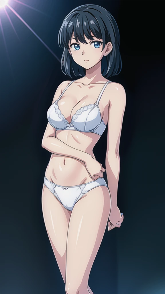 Black Hair、 bob cut、悲しいface、 blue eyes 、 Full Body Style 、Normal milk、 narrow waist 、Bare legs、In underwear、、 upper body bra、 white bra、lower body panties ，White ribbon panties，White pumps、 official art, Extremely High Definition CG Unity 8k Wallpaper, full light, colorful, bright _ Front_face_Lighting,  shiny skin, ( masterpiece:1.0),(Highest_quality:1.0), 超 high resolution on down,4K, Ultra Detailed Photoshoot , 8k,  high resolution on down,  high resolution on down,  absurd:1.2,  Kodak Portra 400,  film grain,  blurry background, Bokeh:1.2,  lens flare , (Vibrant_ color:1.2), Professional photography, Anime Images、