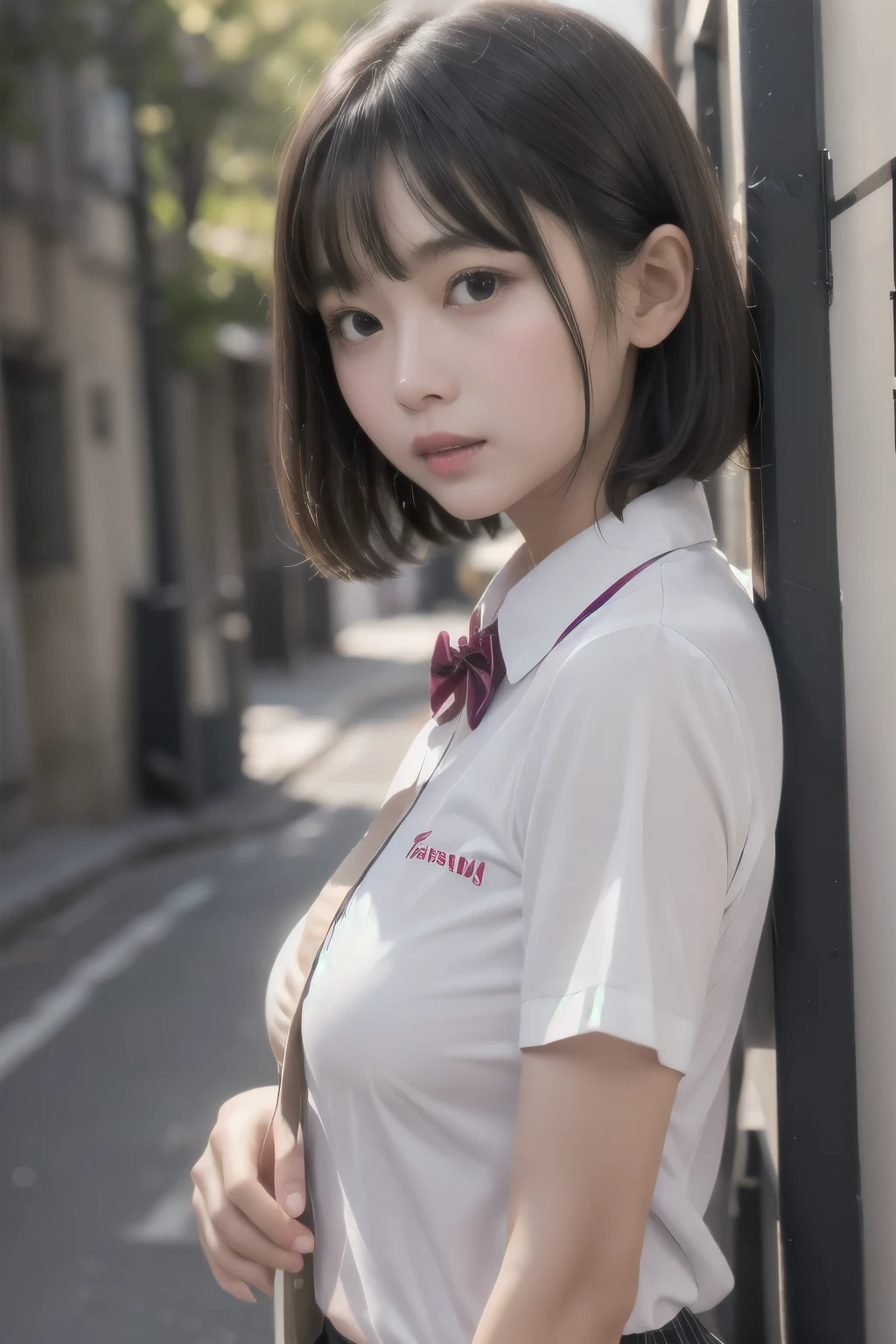  short hair、  short bob、Patsun、Loose Hair Color、  small breasts、  1 girl 、School Uniform、 masterpiece 、  Japanese girl 、  absurd、  high resolution on down 、Honey、 Super detailed、​masterpiece、  extremely detailed CG、3D Photography、3D Background、8k、top-quality、Shadowy、  Clear Focus  、  white skin、  board with a drone、 Blurred Background、dynamic ungle、  closed mouth、 profile、  upper body、[Ultra Clear、Curvaceous、  red cheeks 、Looking up、front、Photographed from diagonally above