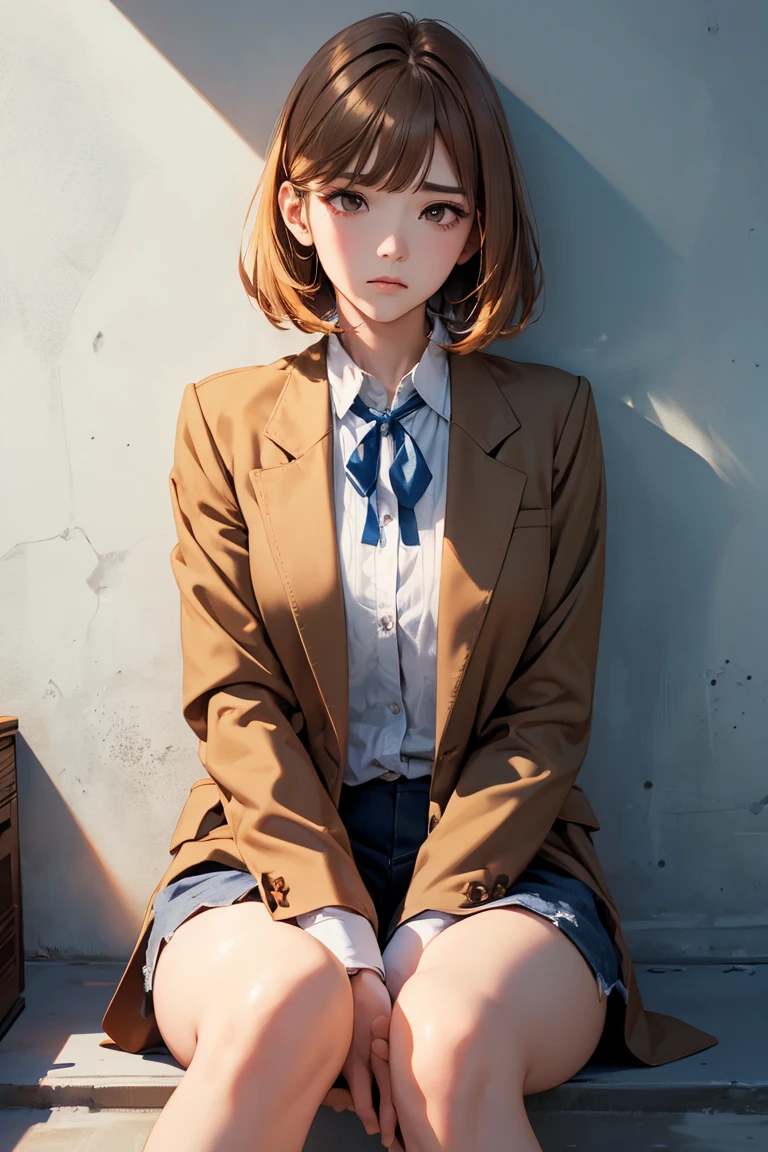 Various expressions of joy, anger, sadness, face enhancement, beautiful face, brightening cheeks, viewer's gaze, surprised expression, (masterpiece, highest quality, details), 1 girl, solo, outdoor, upper body, eyelashes, Hana Midorikawa, Brown jacket, neck ribbon, collared shirt, (sitting leaning against the wall, knees bent, legs apart)
From the front, from below