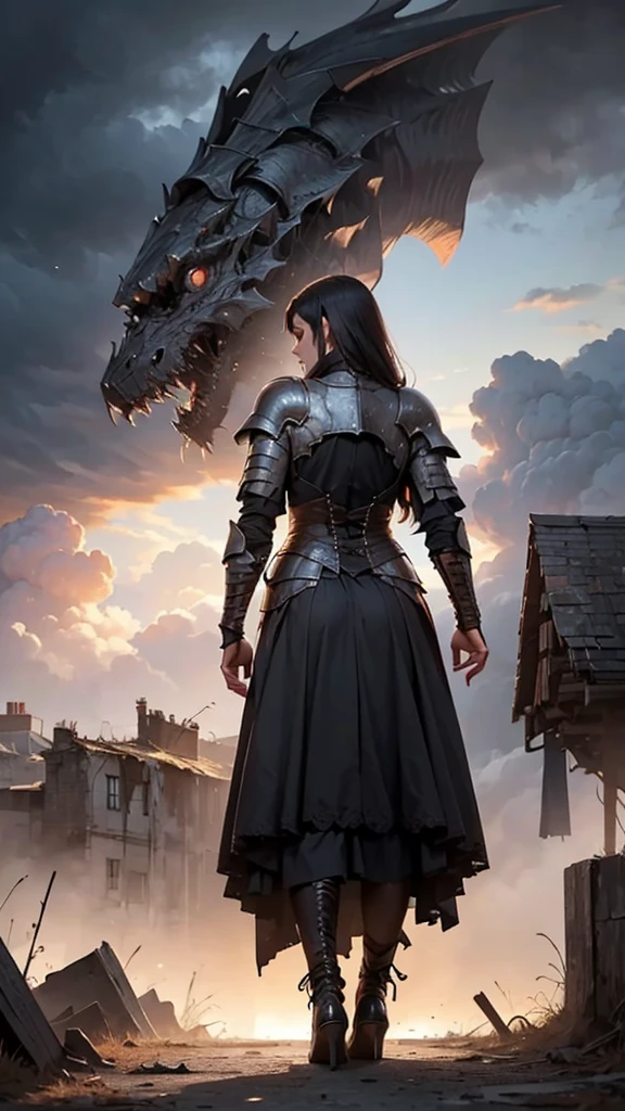 From below,  from behind,  An old knight woman is standing in the distance,  Gothic Dress、armor、Very long shot, full body,  Dark Skies , There is a big cumulonimbus cloud in front of me., (Realistic:1,5), Best Quality,a destroyed world

