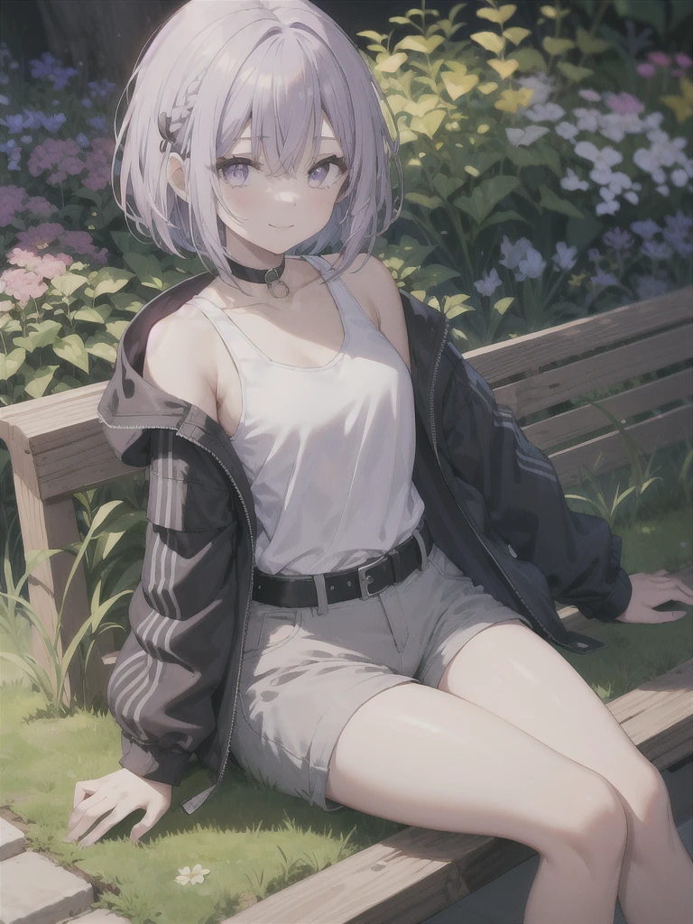 Best Quality,  anatomically correct,  1 girl, Purple Hair, Bob Hair, Slanted Eyes,Light purple eyes, medium chest, white tank top,Grey shorts, black jacket that is not fair, black choker,Black belt, close your mouth,  Seductive Smiles,  dark blue jacket sitting on a bench , simple background, garden