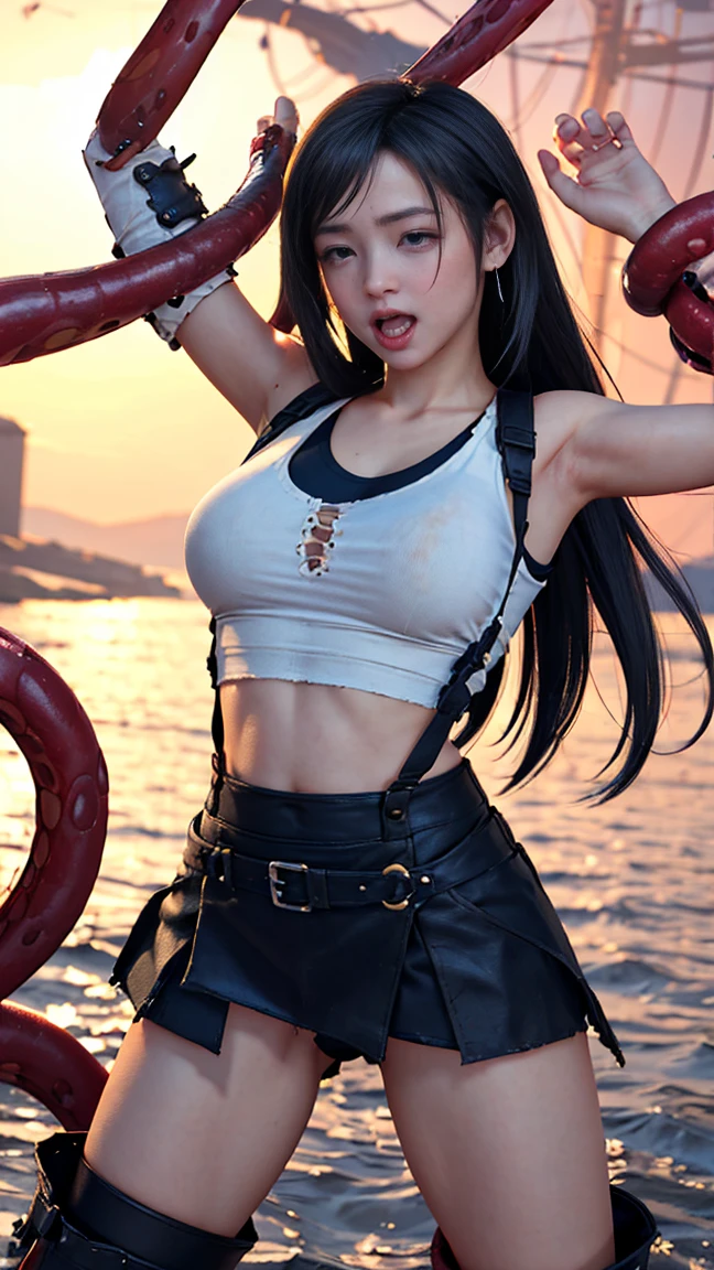 (8k、top-quality、​masterpiece:1.2)、(Realistic、 photorealistic :1.37)、 Ultra High Definition、  Tifa is restrained by tentacles、片Elbow pads、Ankle boots、Frayed black skirt、 black rhinoceros、Red Boots、Elbow hand pockets、Elbow pads、Fingerless gloves、 suspender skirt 、Ripped white tank top、(((  tattered clothes 、 overexposed 、Torn clothes、Torn Skirt、 ragged skirt 、Chest Cleave 、I see beautiful breasts,  my whole body is wet 、My whole body is wet)))、((( full of tentacles、Tentaculata、Tentacles wrapped around the body、The tentacles wrap around the whole body、Surrounded by tentacles 、 body is bound by many tentacles 、Hands bound by tentacles 、  legs bound by tentacles  、 tentacles grab the whole body 、 tentacles that invade the skirt 、 tentacles go inside the skirt 、 stand with your hands crossed on your back 、 stand with your arms crossed on your back)))、( open your mouth 、scream、 moans in pain ,  I feel pain , Tears flow:1.5), suffering,  crying in pain、A butt stick sticks to your crotch , (Semen on the forehead:1.2), (Cum on head:1.4), (Cum on thighs:1.8),