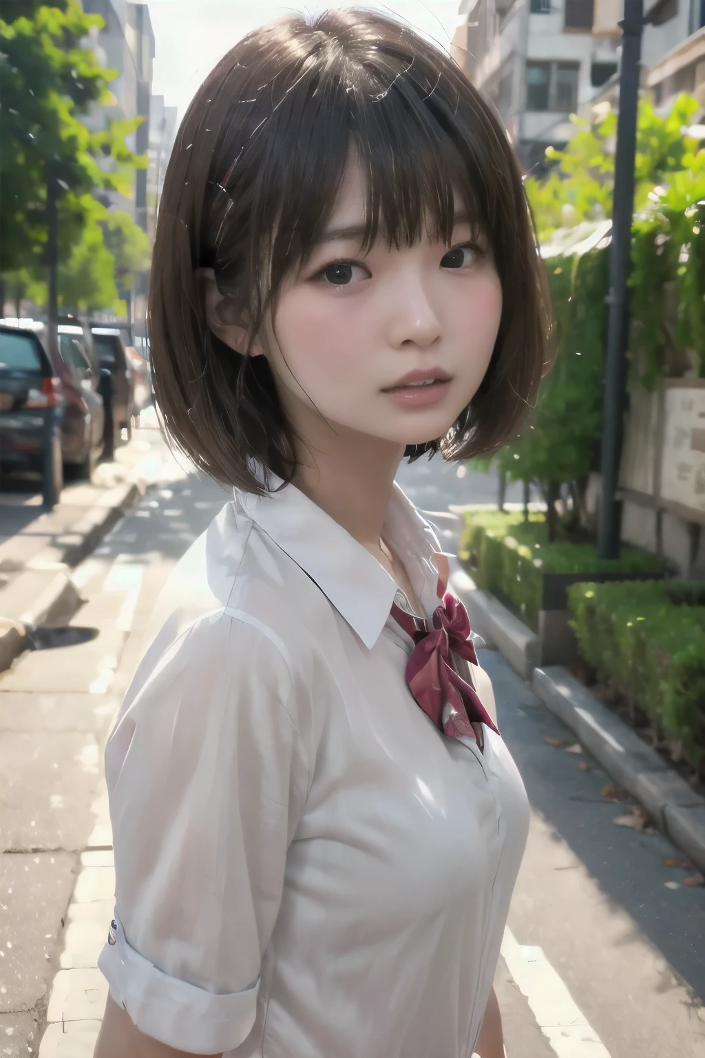  short hair、  short bob、Patsun、Loose Hair Color、  small breasts、  1 girl 、School Uniform、 masterpiece 、  Japanese girl 、  absurd、  high resolution on down 、Honey、 Super detailed、​masterpiece、  extremely detailed CG、3D Photography、3D Background、8k、top-quality、Shadowy、  Clear Focus  、  white skin、  board with a drone、 Blurred Background、dynamic ungle、  closed mouth、 profile、  upper body、[Ultra Clear、Curvaceous、  red cheeks 、Looking up、front、Photographed from diagonally above