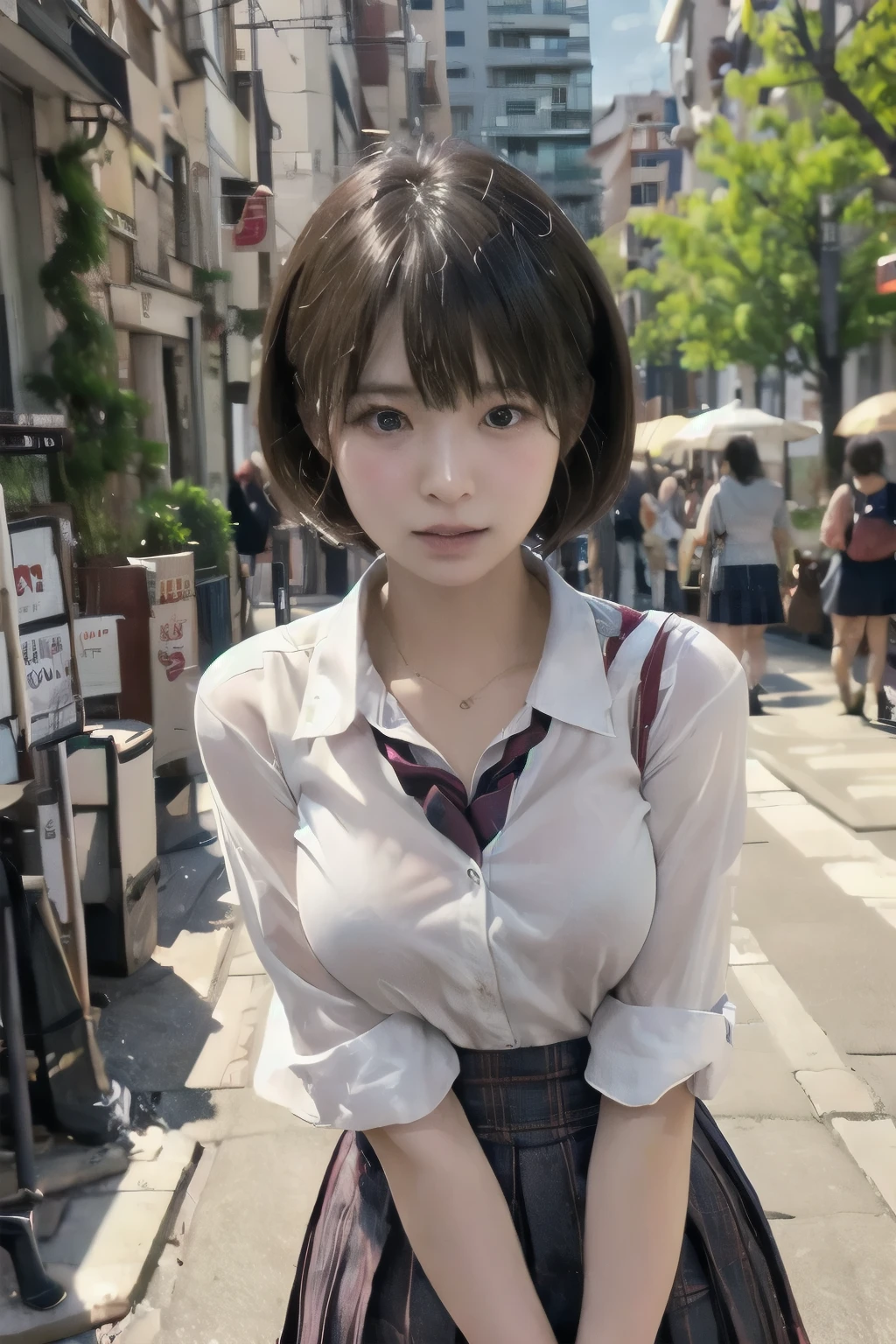  short hair、  short bob、Patsun、Loose Hair Color、  small breasts、  1 girl 、School Uniform、 masterpiece 、  Japanese girl 、  absurd、  high resolution on down 、Honey、 Super detailed、​masterpiece、  extremely detailed CG、3D Photography、3D Background、8k、top-quality、Shadowy、  Clear Focus  、  white skin、  board with a drone、 Blurred Background、dynamic ungle、  closed mouth、 profile、  upper body、[Ultra Clear、Curvaceous、  red cheeks 、Looking up、front、Photographed from diagonally above