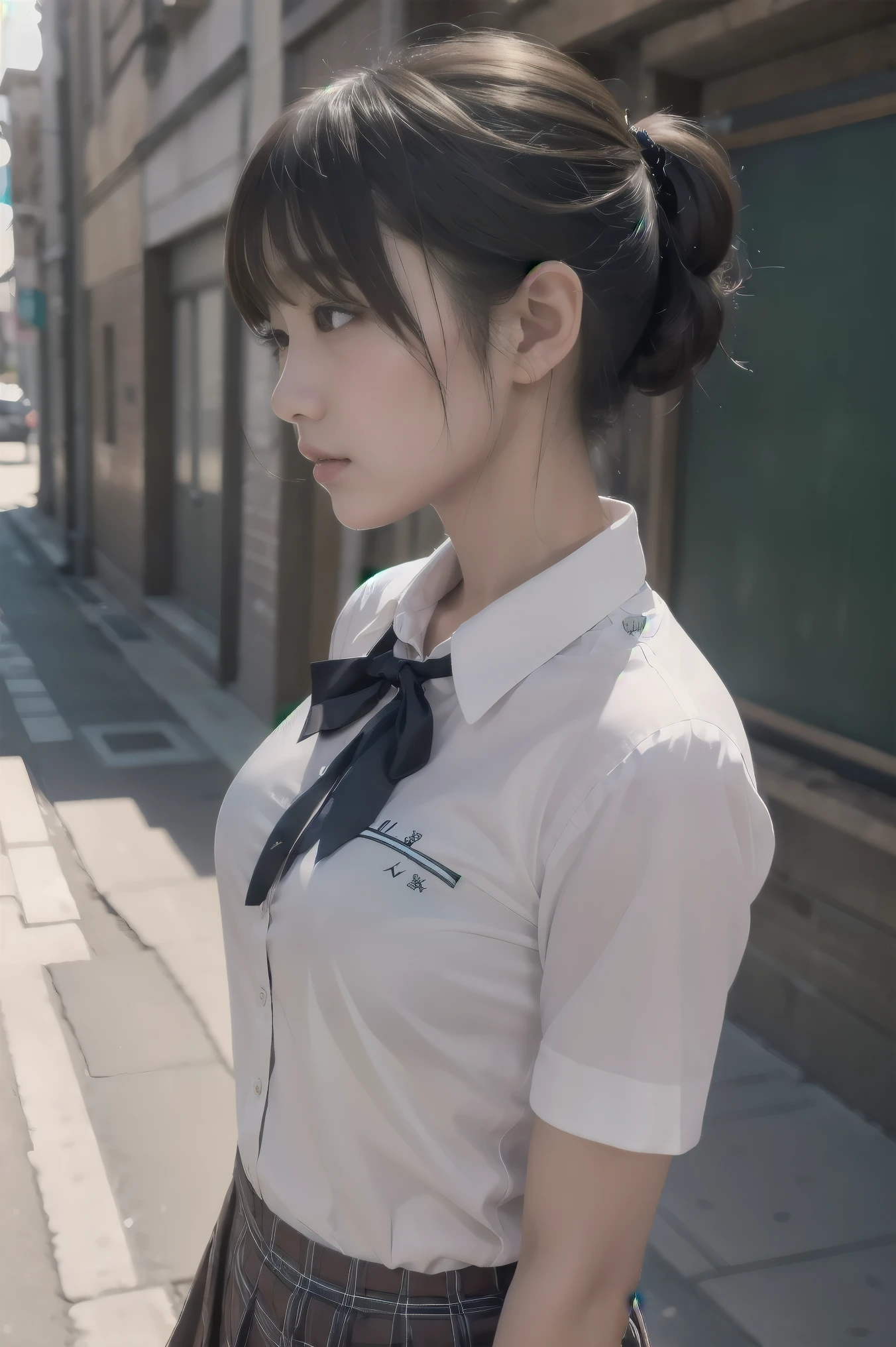  short hair、  short bob、Patsun、Loose Hair Color、  small breasts、  1 girl 、School Uniform、 masterpiece 、  Japanese girl 、  absurd、  high resolution on-down 、 Super detailed、​masterpiece、  extremely detailed CG、3D Photography、3D Background、8k、top-quality、Shadowy、  Clear Focus  、  white skin、  board with a drone、 Blurred Background、dynamic ungle、  closed mouth、 profile、  upper body、[Ultra Clear、Curvaceous、  red cheeks 、Looking up、front、Photographed from diagonally above