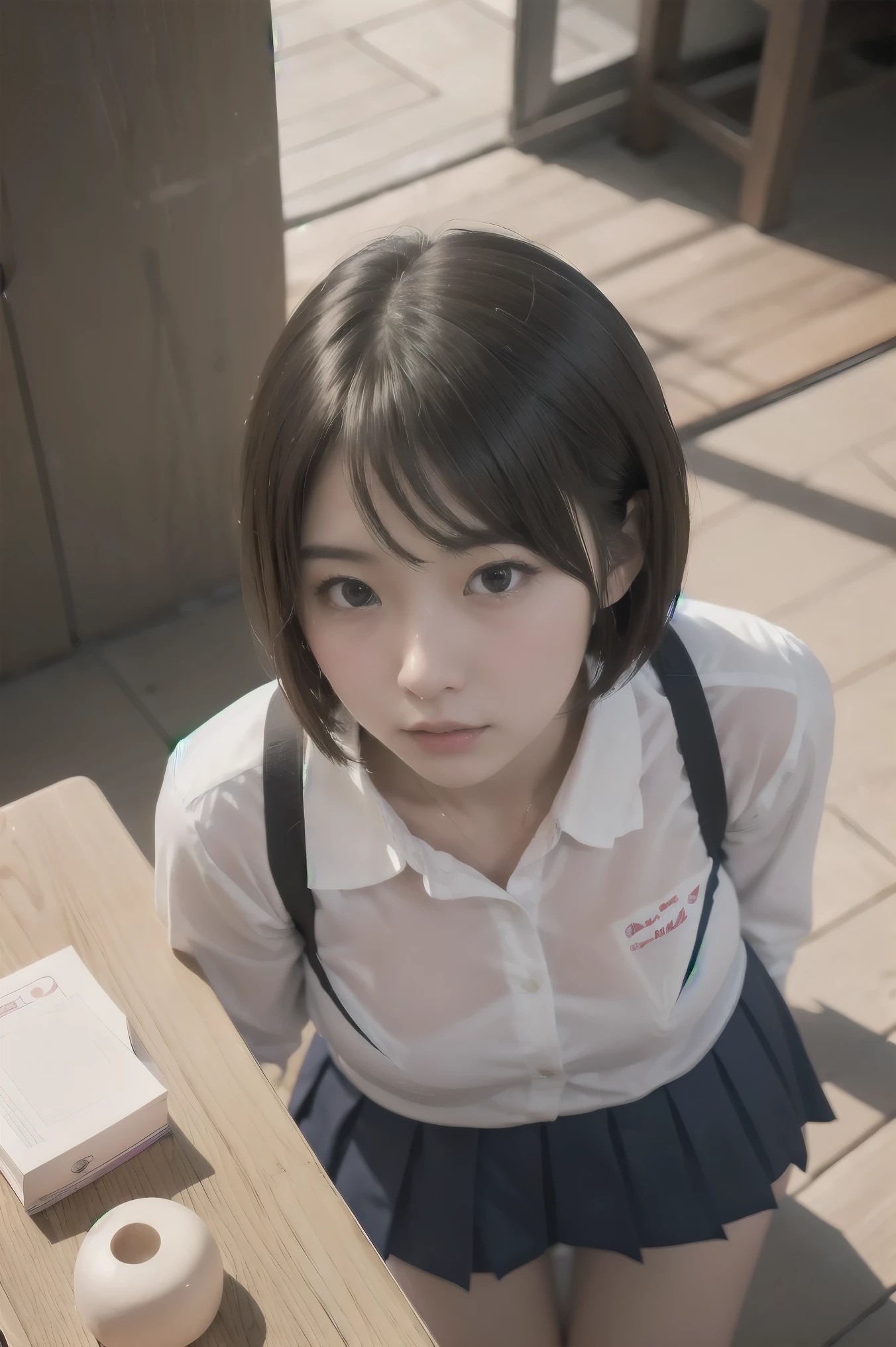  short hair、  short bob、Patsun、Loose Hair Color、  small breasts、  1 girl 、School Uniform、 masterpiece 、  Japanese girl 、  absurd、  high resolution on down 、 Super detailed、​masterpiece、  extremely detailed CG、3D Photography、3D Background、8k、top-quality、Shadowy、  Clear Focus  、  white skin、  board with a drone、 Blurred Background、dynamic ungle、  closed mouth、 profile、  upper body、[Ultra Clear、Curvaceous、  red cheeks 、Looking up、front、Photographed from diagonally above