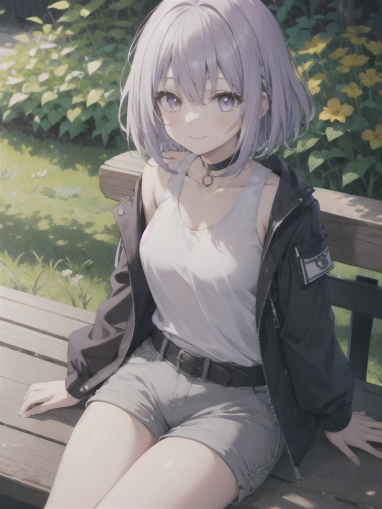  clear color, vibrant colors,High brightness picture ,Best Quality,  anatomically correct,  1 girl, Purple Hair, Bob Hair, Slanted Eyes,Light purple eyes, medium chest, white tank top,Grey shorts, black jacket that is not fair, black choker,Black belt, close your mouth,  Seductive Smiles,  dark blue jacket sitting on a bench , simple background, garden