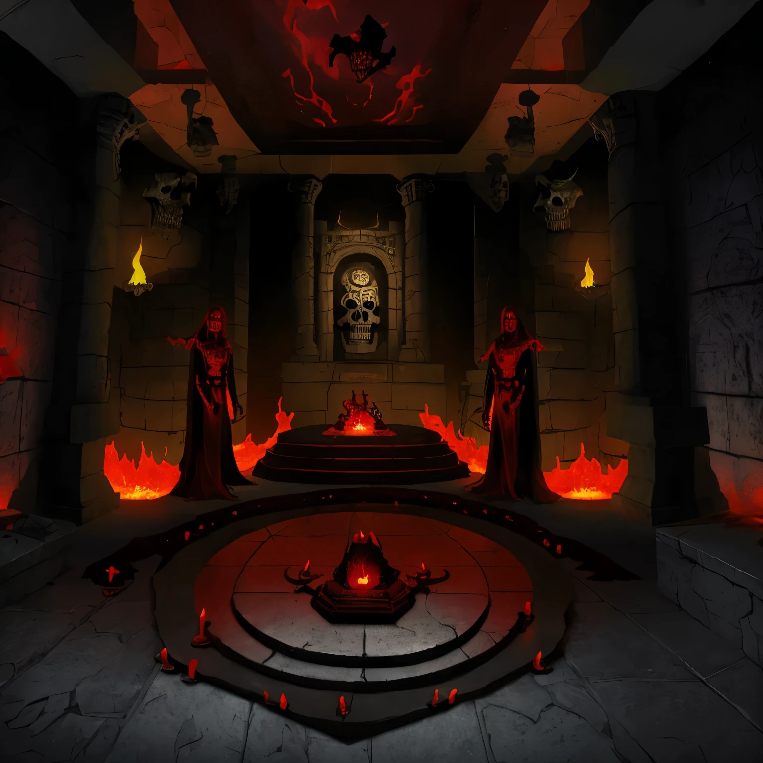 Temple of an evil cult, lit by torches and lava, skeletons hanging on the walls, grim figures in scarlet robes, on the floor a symbol of the Terran Empire from the Mirror Universe,