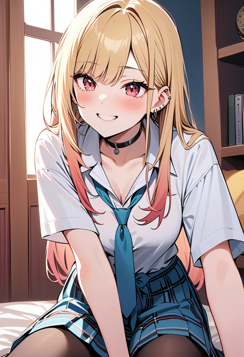 (masterpiece, Best Quality, Mysterious aesthetics, Super detailed),  intricate detail ,  one girl playing pranks,  Marine Kitagawa, sono bisque doll wa koi wo suru, blonde, red eyes, Ear Piercing, Barbell Piercing,  black choker , Colored Shirt,  white shirt , シャツの裾を縛る,  earrings for a woman alone,  blue tie ,Dazzling Smile、 marine color pleated skirt to tie the hem of a shirt、 Plaid Pleated Skirt