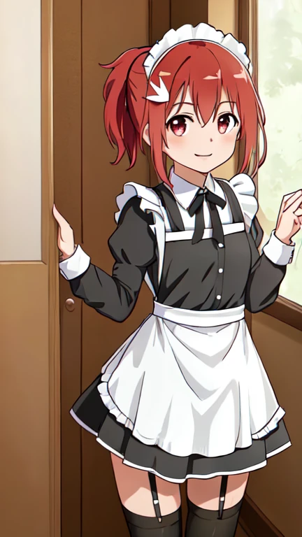 1 girl, solo, (Yuuki Yuna), Yuuki Yuna wa Yuusha de Aru, Yuusha de Aru, red hair, red eyes, short ponytail, hair ornament, ribbon, hair between eyes, side ponytail,
BREAK, (maid, maid apron, maid headdress, tights, garter straps, long sleeves, maid apron:1.4),
BREAK, (standing:1.2), 
BREAK, smile,
BREAK, (from front, cowboy shot:1.3),
BREAK, (indoor, class room:1.2),
BREAK, (best quality, masterpiece, detailed:1.3), SHV, anime colored, (beautiful detailed eyes, extremely detailed face:1.2), perfect lighting, extremely detailed CG, (perfect hands, perfect anatomy), (nsfw:1.2),