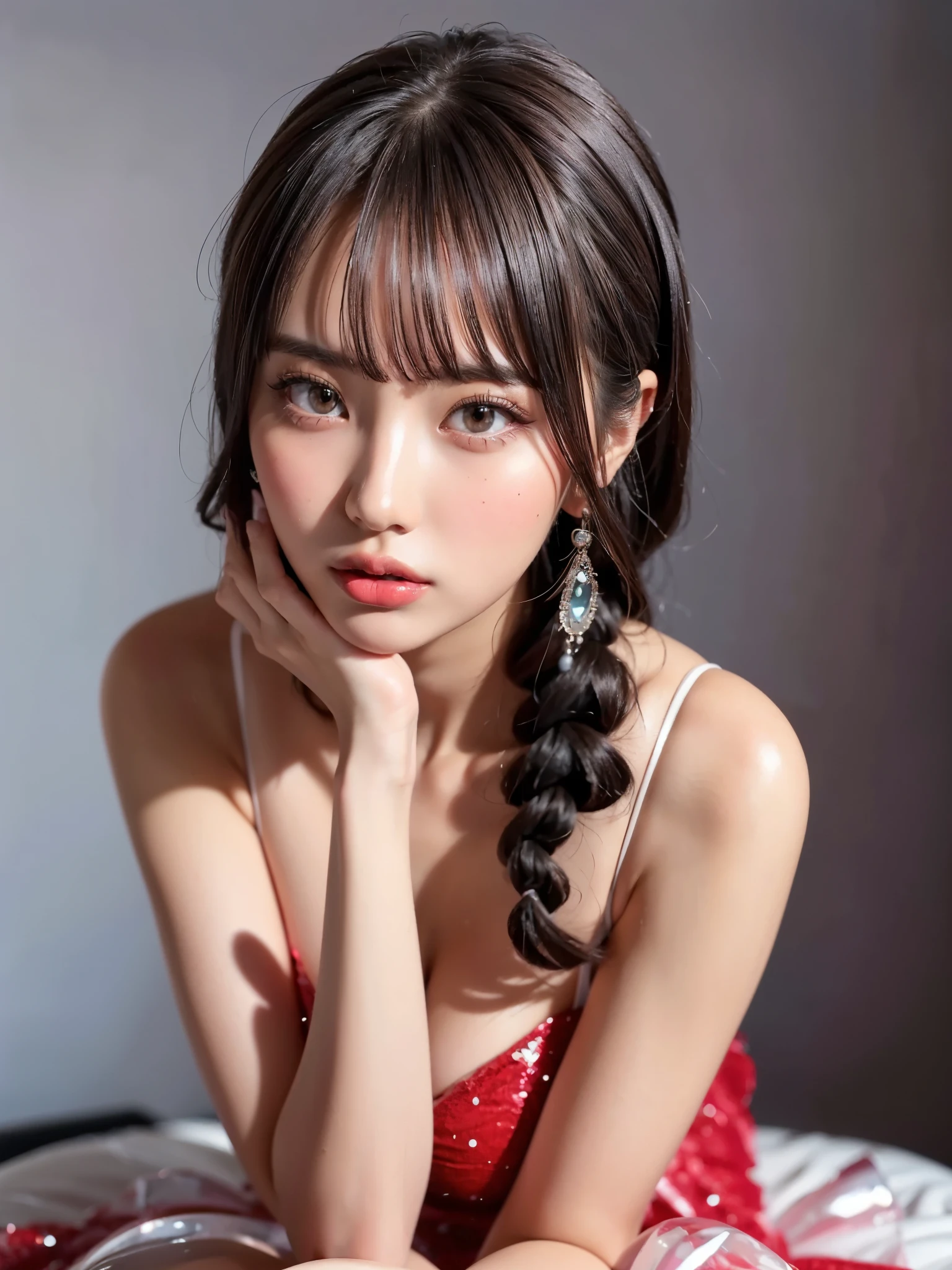  girl, bangs, (wacky prom dresses :1.3, fantastic prom dress:1.1),  gray background,  hair between eyes , Big Breasts,   viewer,  open lips, red eyes,   simple background, Alone,((Creative hairstyle)),(shiny skin),(masterpiece:1.4),(Best Quality:1.4),Red lips,Huge,,((( detailed face,Clear Face, full body shot))),( detailed face,detailed expression)