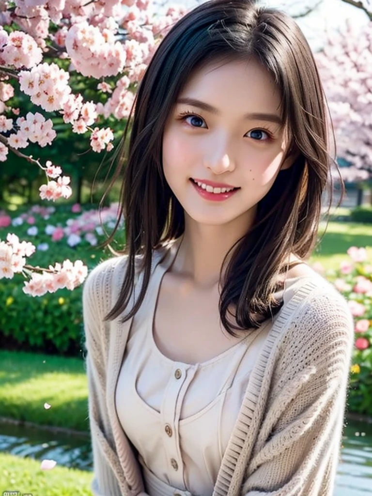 High image quality , 8k, Best Quality,  Details, Semi-realistic animations , 3d anime style sex  ,  Smooth Animated CG  ,  one girl playing pranks ,  A 20-year-old Japanese woman  , slim, modeling, Shiny black hair,  Detailsな顔, Beautiful and  Details,  growing skin  ,  Hard Focus  、  film grain ,  soft lighting ,  I'm looking at this、smile, ( woman wearing floral dress and cardigan),A spring park with cherry blossom petals falling、Enjoy a picnic by the pond