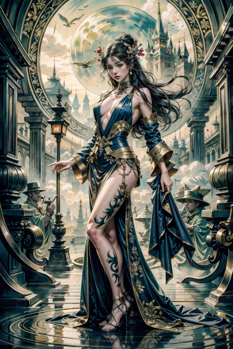(masterpiece, top quality, best quality, official, beautiful and aesthetic art: 1.3), (1 girl: 1.3), extreme details, (fractal art: 1.3), colorful, full body, best quality, masterpiece, ultra resolution tall, 1 caucasian beautiful girl face, beautiful_face, detailed skin, concept art, Sakimichan style art, full body, exposed small breasts, official art, Unity 8k wallpapers, ultra detailed, beautiful and aesthetic, masterpiece, best quality , (Zentangle, Mandala, Tangled , Tangle), (Fractal Art: 1.3), 1 Girl, Highly Detailed, Dynamic Angle, Cowboy Shot, Most Beautiful Shapes Chaotic, Elegant, Fauvist Design, Bright Colors, Romanticism, James Jean, Robbie Devi Antono, Ross Tran, Francis Bacon, Michal Mlaz, Adrian Ganey, Petra Kotwright, Gerhard Richter, Takashi Yamamoto, Ashley Wood, atmospheric and ecstatic notes, visible flow notes, (black silk), seductive pose, visible pubic hair, breasts visible, Sakimichan style art, oriental mandala tattoo, fractal background, silver and gold and bronze spirit, natural skin moistened with water, slight smile, view from below, perfect golden eyes, long curly black hair, floating antique clock, lamp ancient,