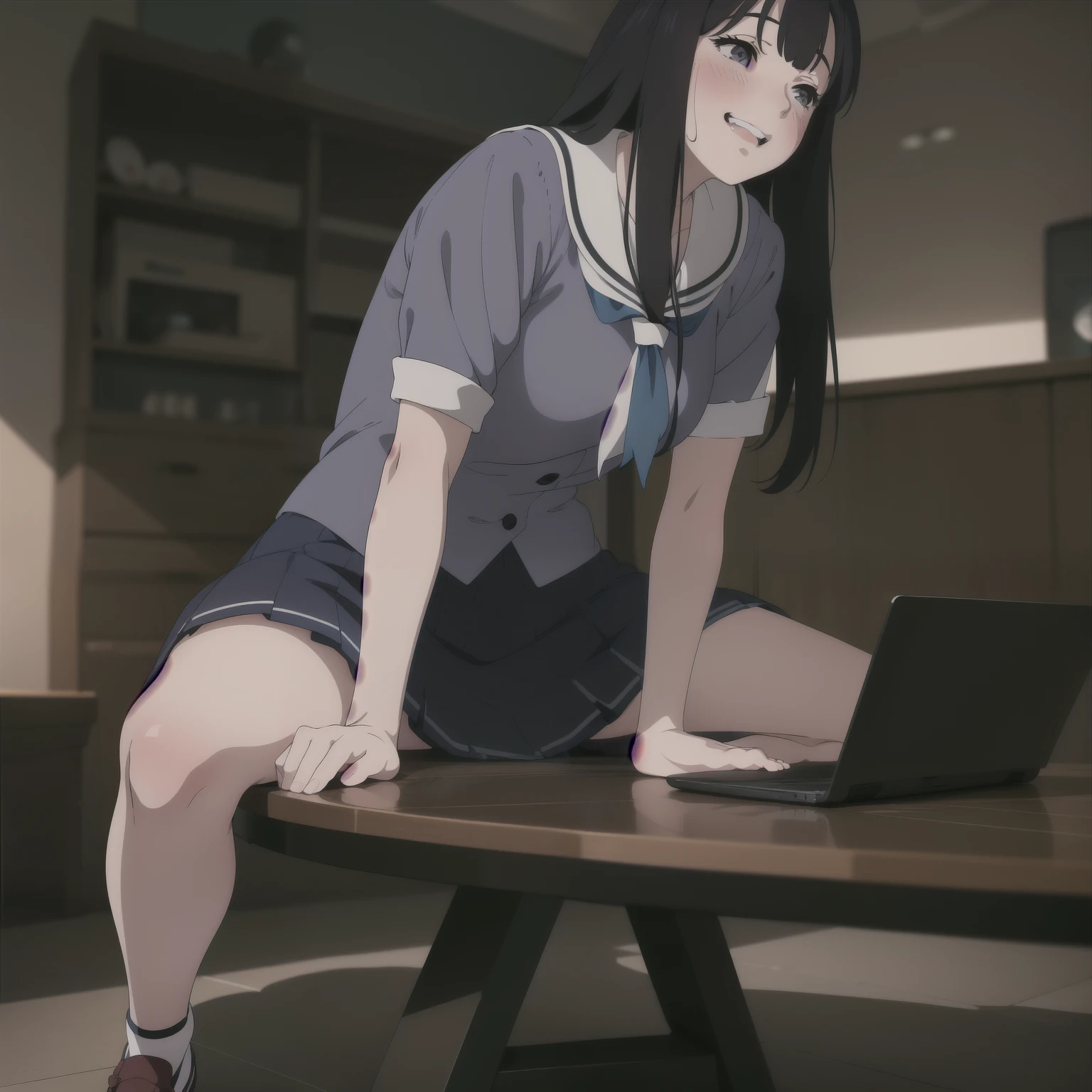 there is a woman sitting on a corner of a table with a laptop, (((shame smiling or laughing, blush, round face, ecstasy))), standing and hit her crotch against a corner of a table for masturbation, a hyperrealistic schoolgirl, hyperrealistic schoolgirl, the anime girl is crouching, realistic schoolgirl, beautiful anime girl squatting, seductive anime girl, photorealistic anime girl render, realistic anime 3 d style, 3 d anime realistic, photorealistic anime, anime. soft lighting, sitting on a table, angle from below,