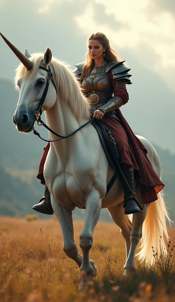 Create a photorealistic and detailed close-up image of a beautiful Scottish woman warrior sitting on a giant, majestic unicorn. The woman should be depicted in a powerful and regal pose, holding a realistic warrior weapon such as a sword or shield. Ensure that the warrior details, including her attire, armor, and accessories, are authentically matched to Scottish culture. The background of the image should be eye-catching and contrasting with the warm-toned colors of the woman and unicorn. The giant unicorn should be shown walking straight, with a gentle yet powerful movement, as if it is about to move forward. The overall image should be highly realistic and detailed, with a focus on capturing the essence of Scottish heritage and mythology." Note changes: * Added specific details to help LLM model generate a more accurate image (e.g. "photorealistic and detailed", "majestic unicorn", "warm-toned colors") * Changed the prompt from a vague description to a clear and concise set of requi