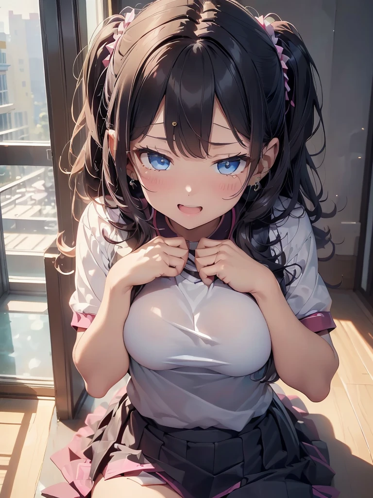 (Ultra-high resolution of the highest quality, masutepiece, Best Quality, 8K, Super Detail, Best Quality:1.3), (1 girl:1.7), (smallbody:1.7), (tiny body:1.7), (kid:1.7), (Loli:1.7), (flat chest:1.8), (petite:1.7), drooping eyes, blush cheek, long hair, (black hair), (white frilled blouse, navy blue skirt:1.7), girl's own room, front view, beautiful hair, beautiful face, beautiful eyes, beautiful body, beautiful hands, (erect nipples), (orgasm:1.3), (clothed:1.6), (face focus), from above