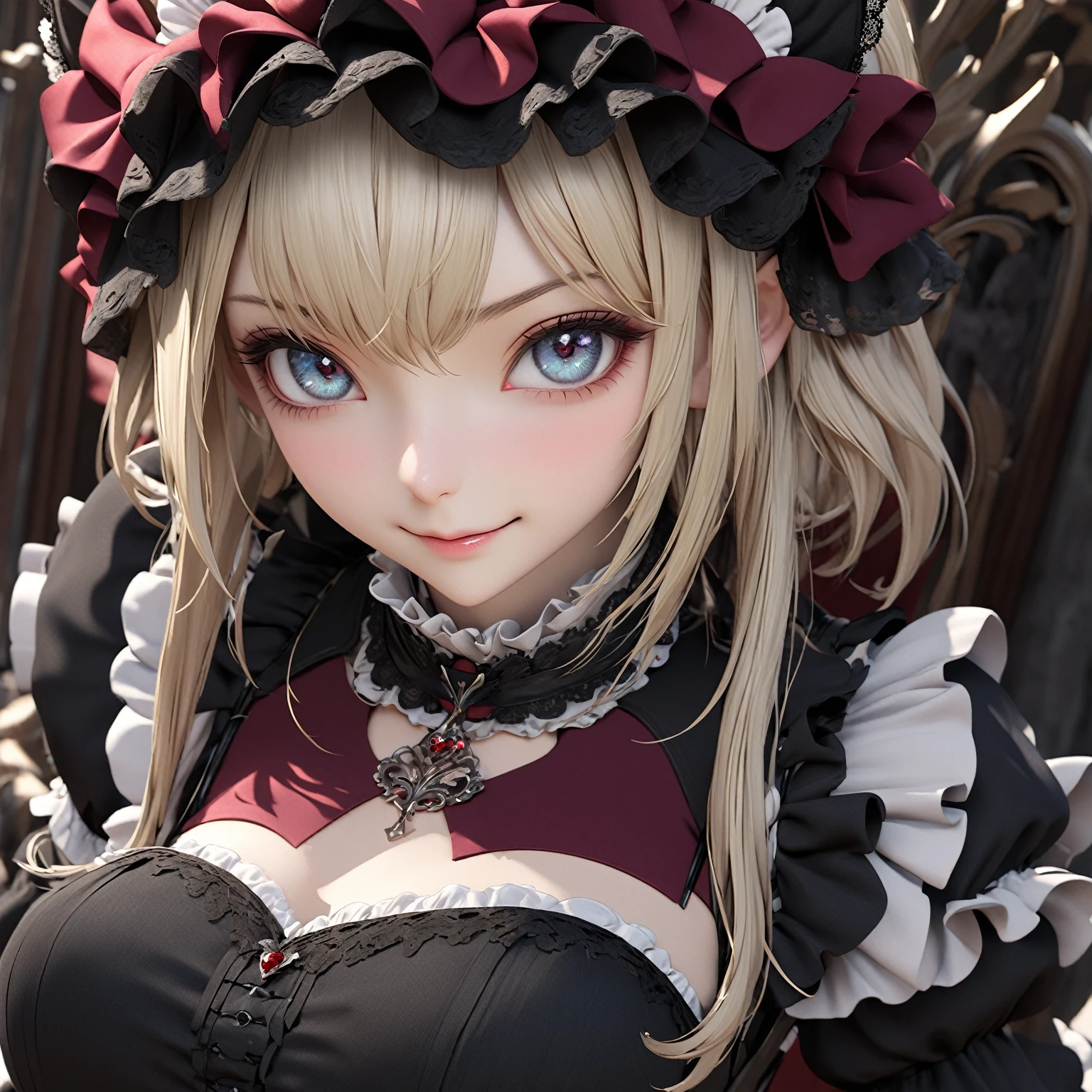 {{mksks style}}, (1girl:1.2), solo female, Touhou, ((masterpiece)), ((sole female)), ((depth of field)), ((tone mapping)), (sharp detail), (perspective), ((high resolution)), (lighting), Medicine Melancholy, ((blonde hair)), ((short hair)), ((wavy hair)), ((blue eyes)), ((red bow)), ((hair bow)), ((giant ribbon)), large breasts, ((black dress)), ((backless dress)), ((gothic dress)), gothic lolita, perfect face,(large ass), (thick thighs), (hands on hips), black dress, (ass focus), (shirt collar), long dress, ((shirt dress)), ((seductive smile)), simple Background, (wide hips), (huge breasts)), ((thick eyelashes)), (flower meadow), (Lily-of-the-valley), ((short sleeves)), ((looking at viewer)), ((perfect face)), ((expressive eyes)),