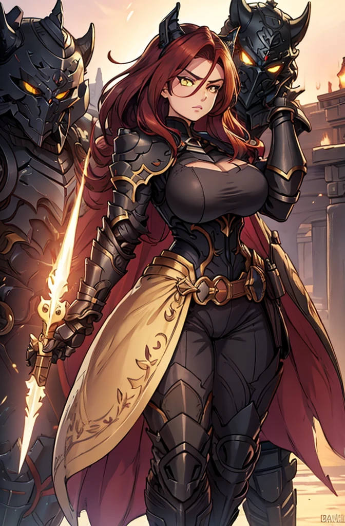 masterpiece, detailed eyes, 1girl, busty, large breasts, dark red hair, very long hair, dark skinned female, glowing yellow eyes, ingrid, gbfBK, armor, shoulder armor, gauntlets, black pants, armored boots, black knight armour