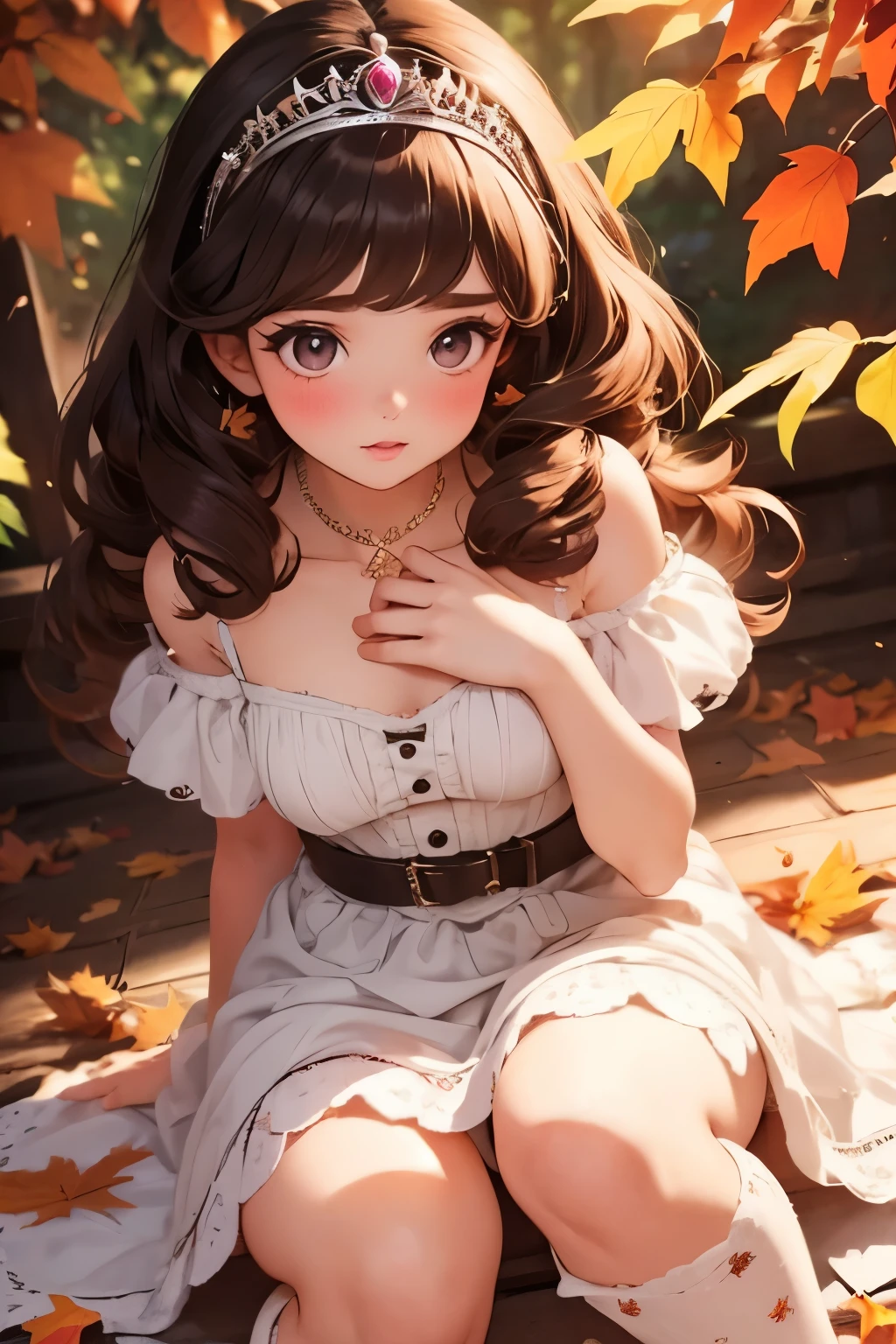 there is nothing, Best Quality,   girl,  a very young girl ，cute , Brunette,   Curly Hair, evil   girl,  dress， tiara ，  Long eyelashes， bright colors， Soft and warm colors， fall leaves for vaginal discharge，