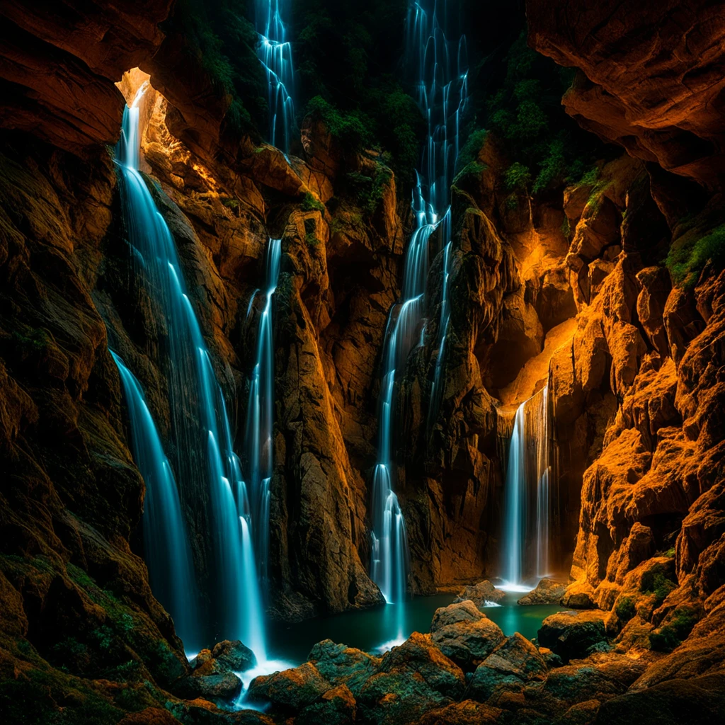 Image ultra réaliste d'une grotte féerique avec des cascades d'eau lumineuses et colorées, la grotte est ouverte avzc vue sur un ciel en spirale coloré, ultra détaillé, 8k